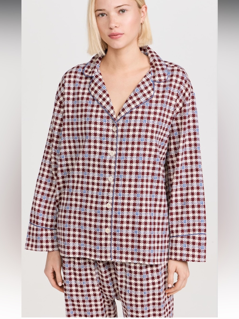 NEW THE GREAT. pajama shirt in bordeaux plaid Size 3